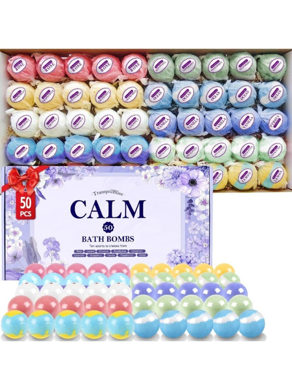 50 PCS Natural Bath Bombs Set for Women - 10 Scents, Relaxing Spa Gift